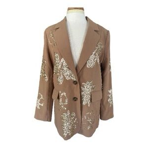 NVLT Notch Lapel Tan Sequin Embellished Blazer – Elegant Statement Jacket